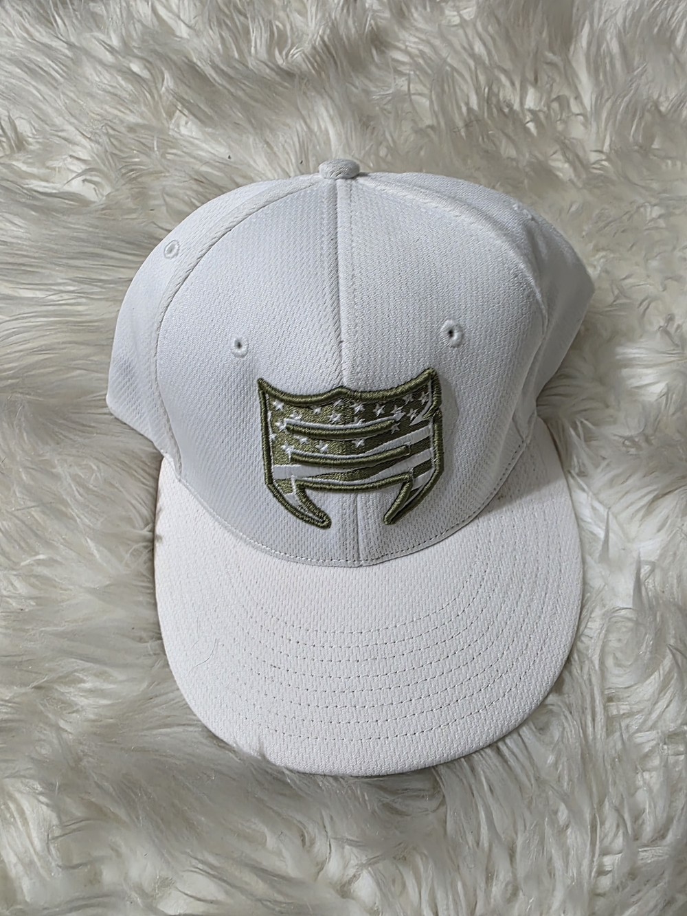 White Men's Snapback Hat with Olive Embroidered Shield